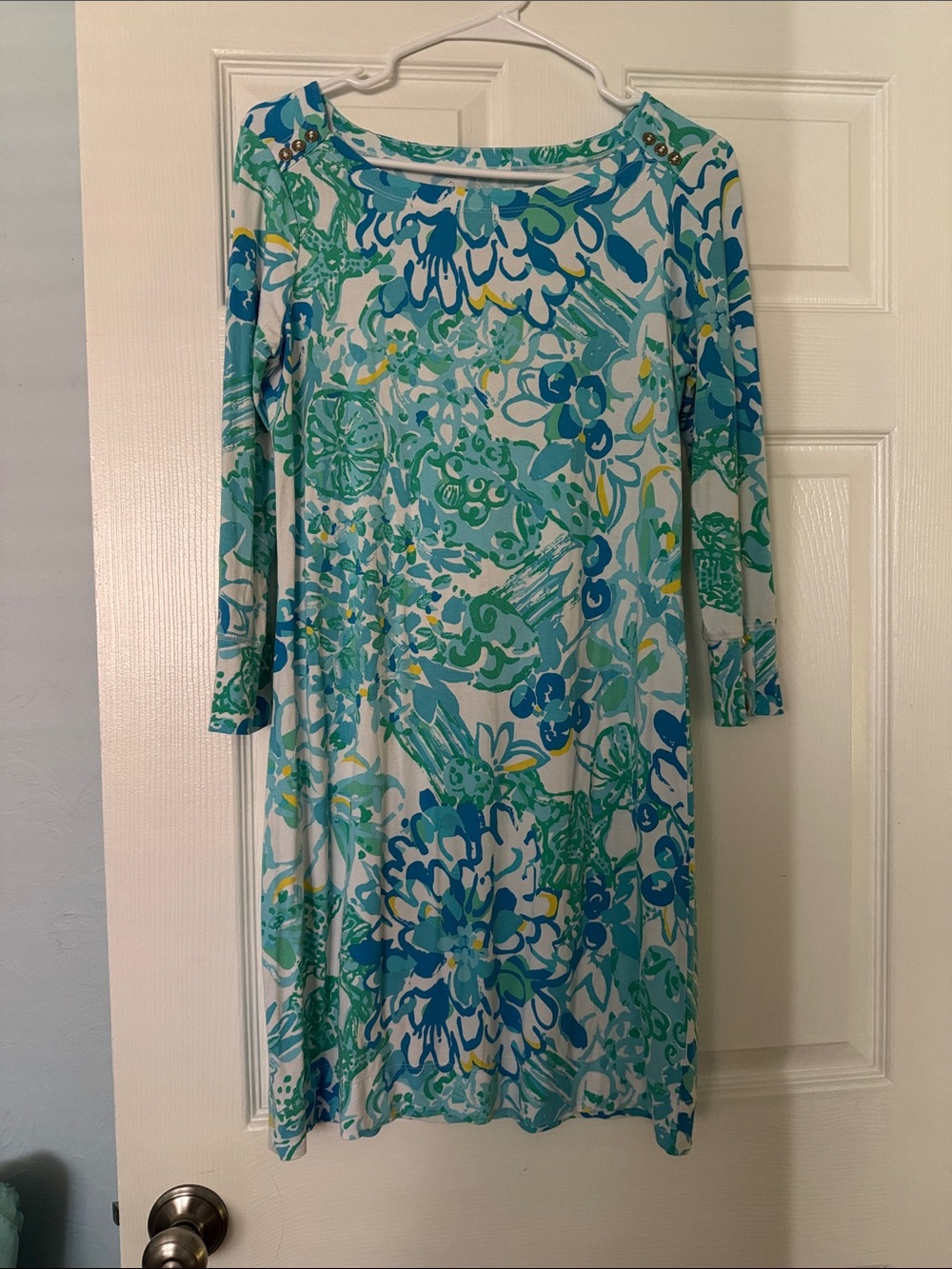Lilly Pulitzer Blue & Green Floral Boatneck Long Sleeve Dress